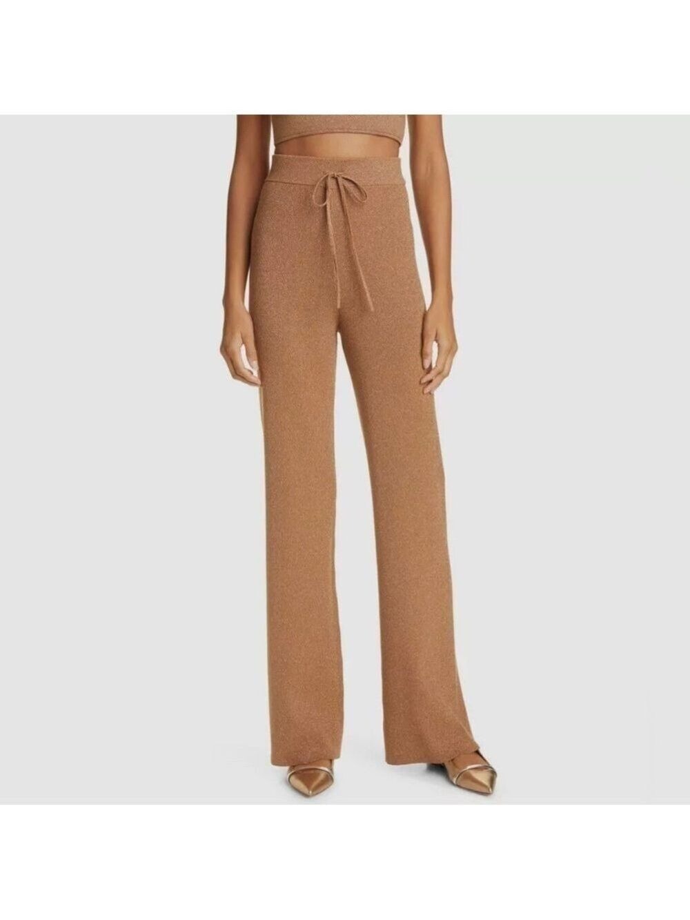 A.L.C. Quentin Toffee & Rose Gold Glitter Metallic Ribbed Trousers NWT Sz M
